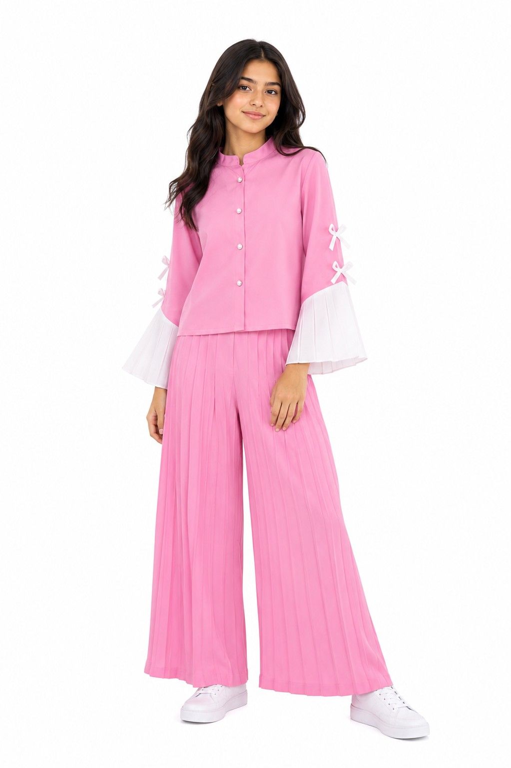 Stylish Sleeve With Bow Shirt & Flapper Trouser - Pink