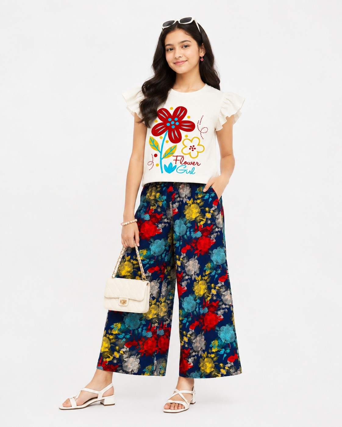 SunFlower Frill Shirt Half Sleeve Flower Printed Flapper Trouser -Off White & Navy Blue