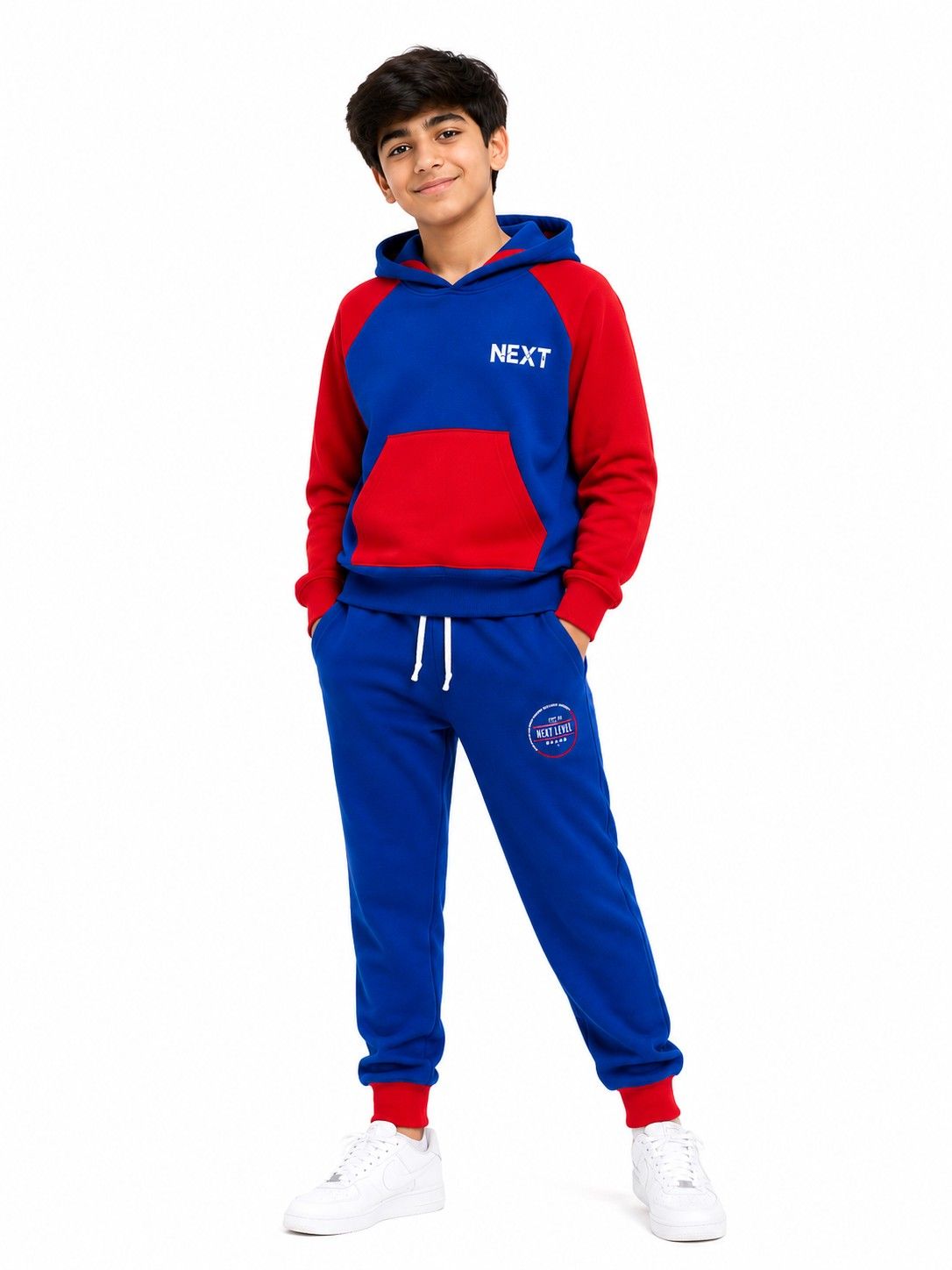 Red Penal Sleeve Kangaroo Pocket Fleece Tracksuit - Red & Blue