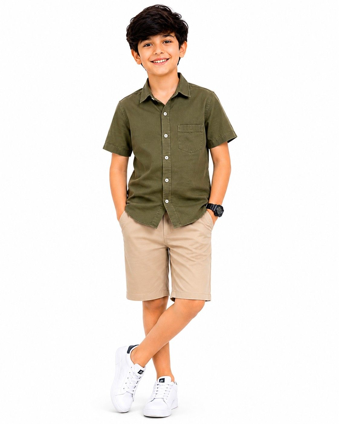 Premium Front Pocket Casual Shirt & Twill Short - Olive Green & Skin