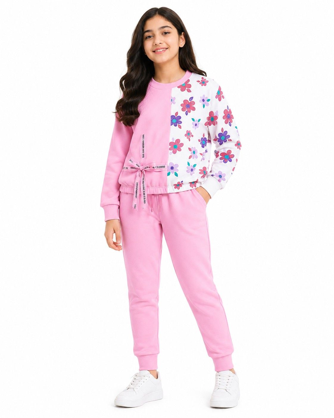 Double Penal Stylish Fleece Tracksuit - Baby Pink & White