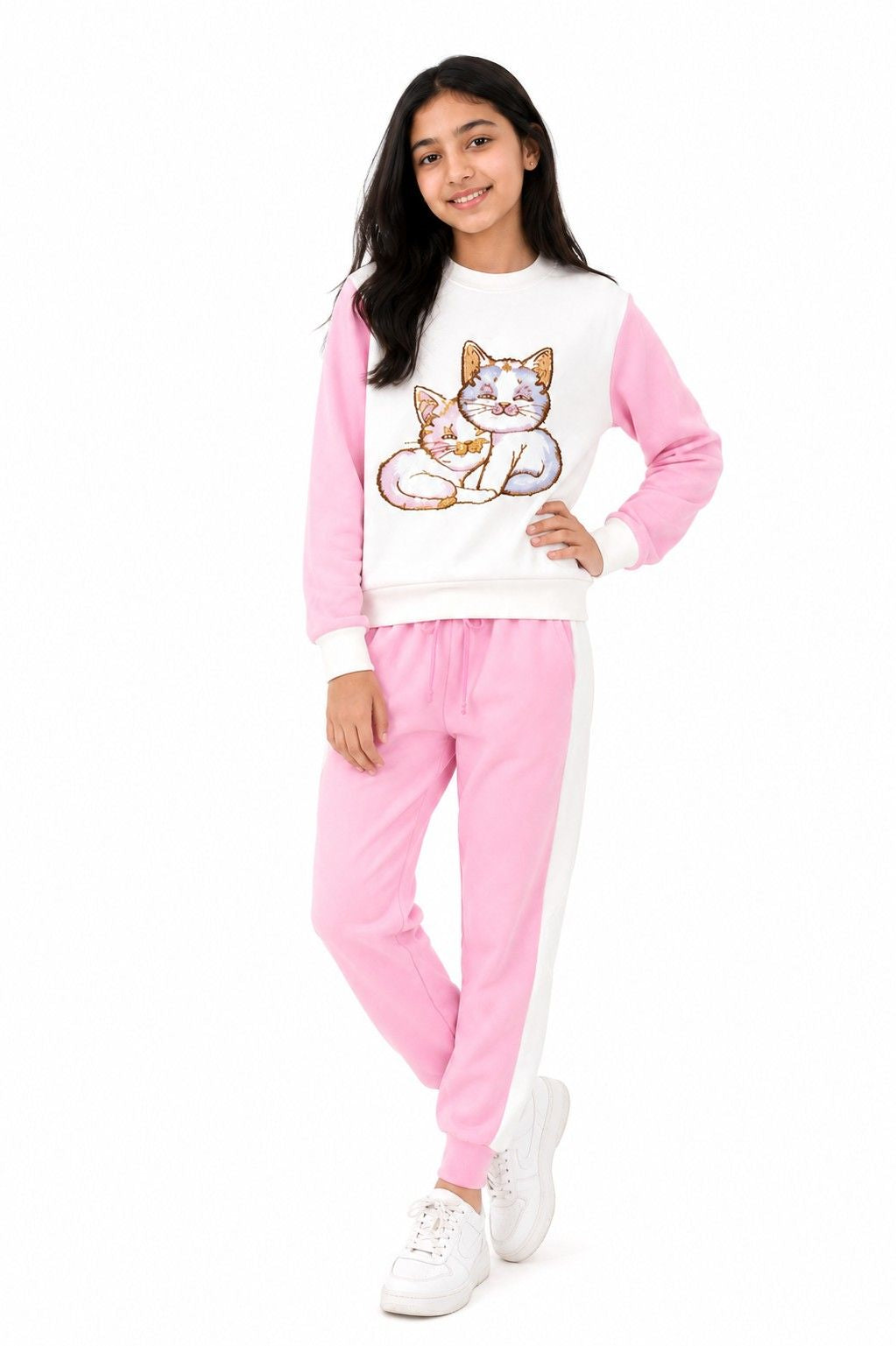 Cute Cats With Classic Panels Fleece Tracksuit - White & Pink
