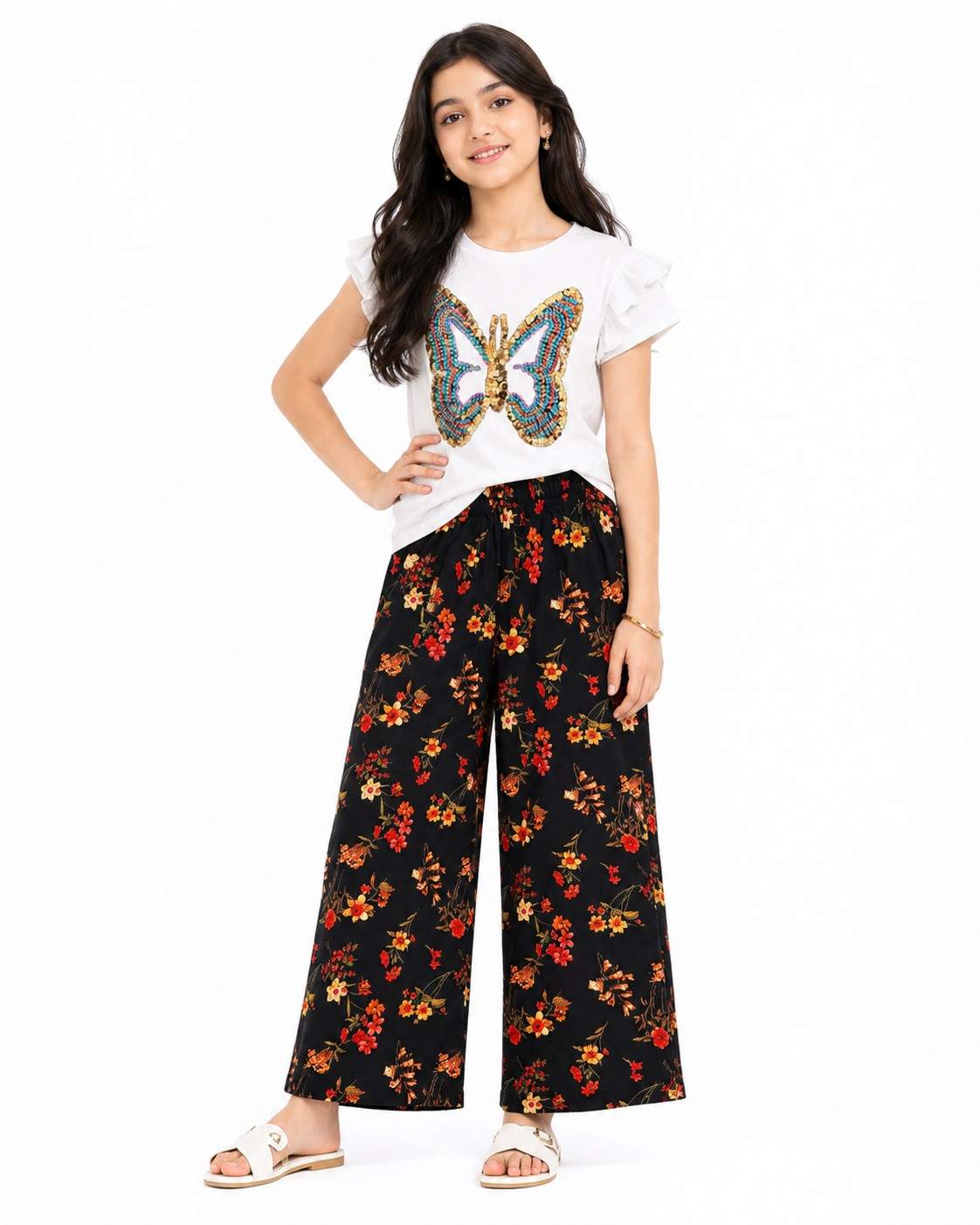 Multi Pearls Butterfly Tee Shirt &  Flowers Printed Flapper - White & Black