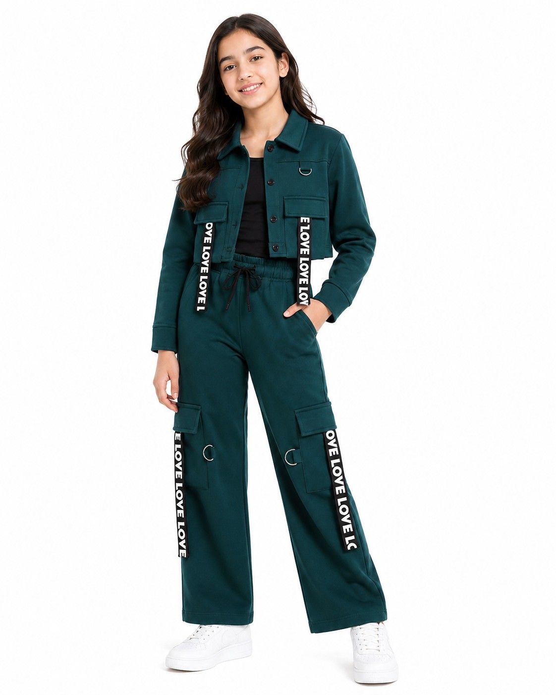 Full Fashion Front Pocket Coat Sleeveless Inner & Baggy Trouser - Bottle green