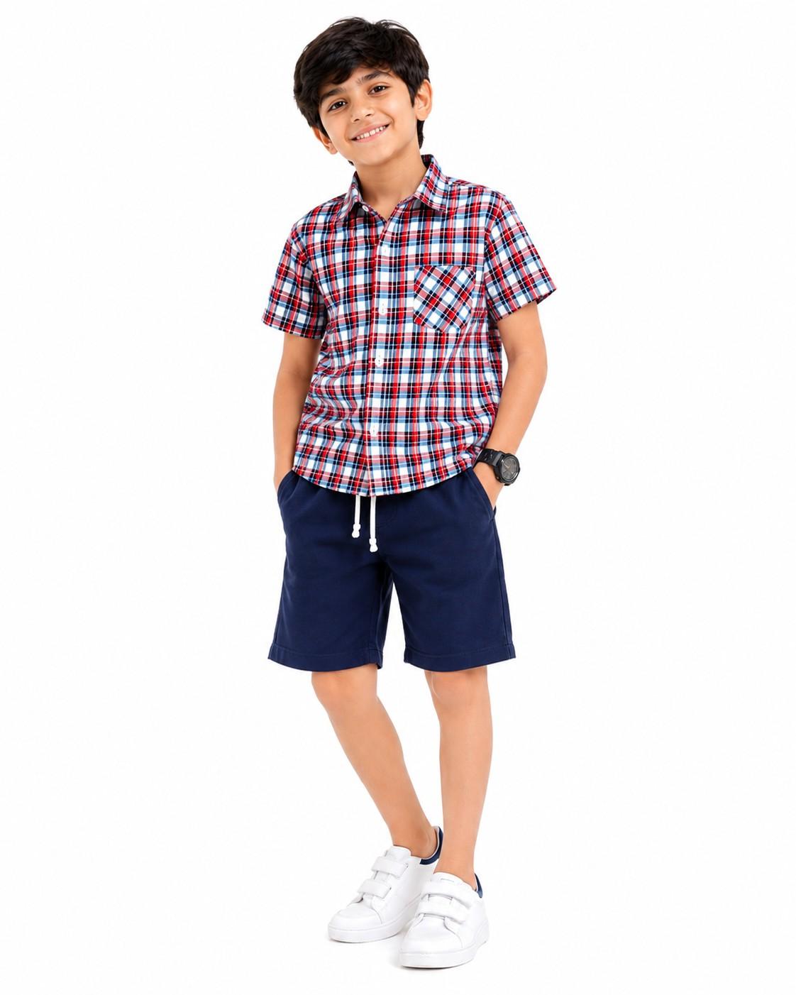 Blue Checked With Front Pocket Casual Shirt & Short - Red & White