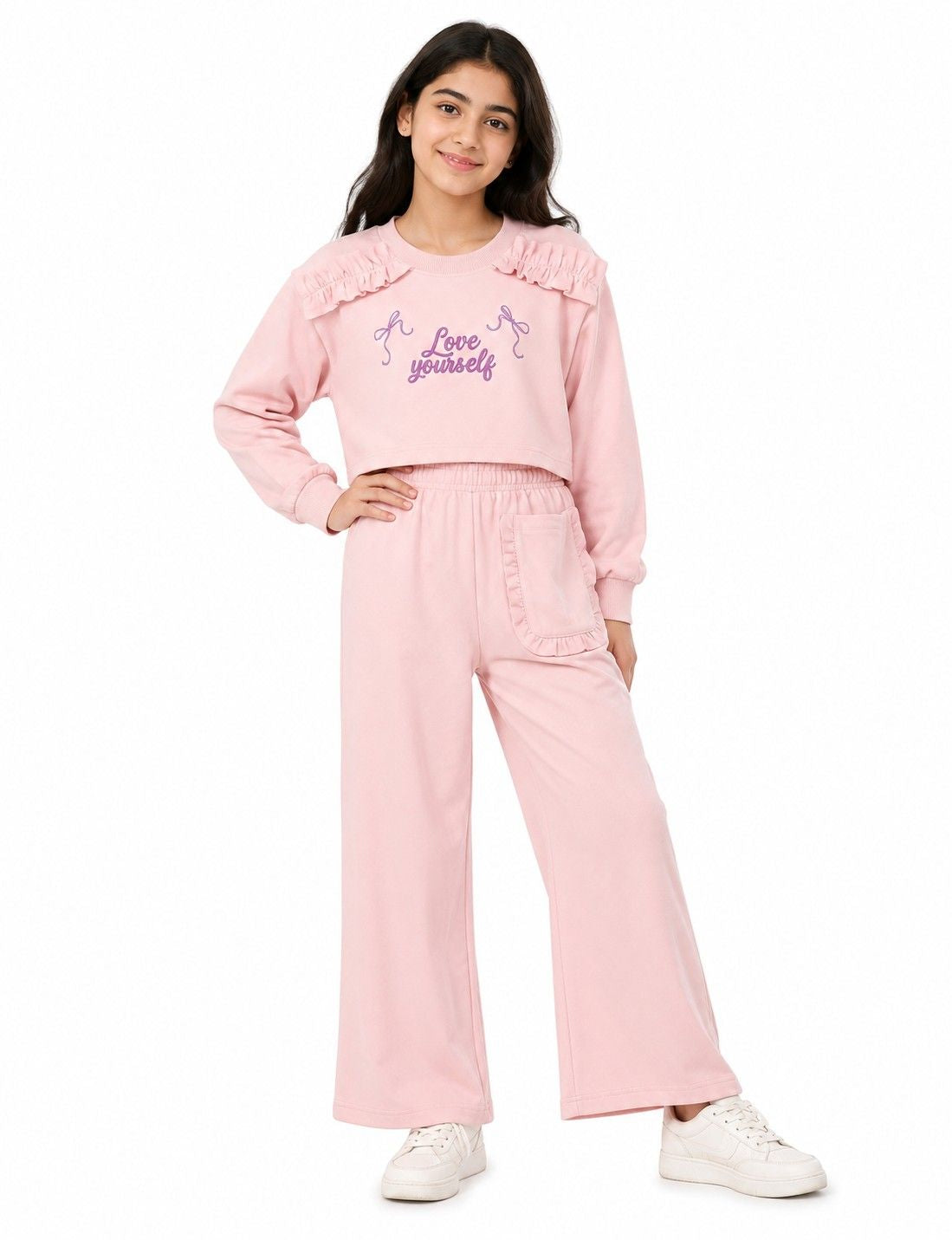 Frilled Shoulder & Frilled Front Pocket Trouser Fleece Tracksuit - Light Pink