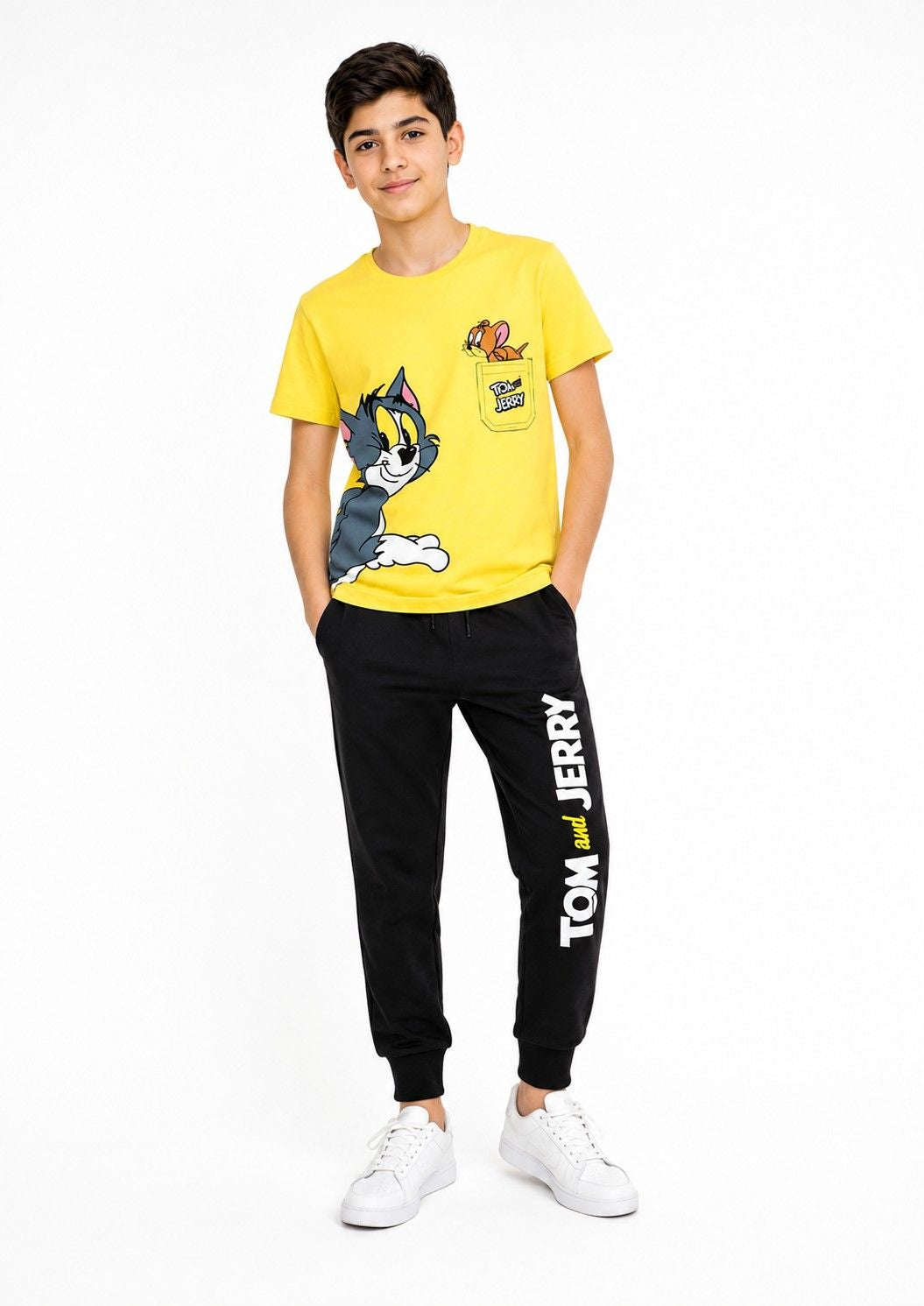 Tom and Jerry Front Pocket Printed Tee & Trouser - Yellow & Black