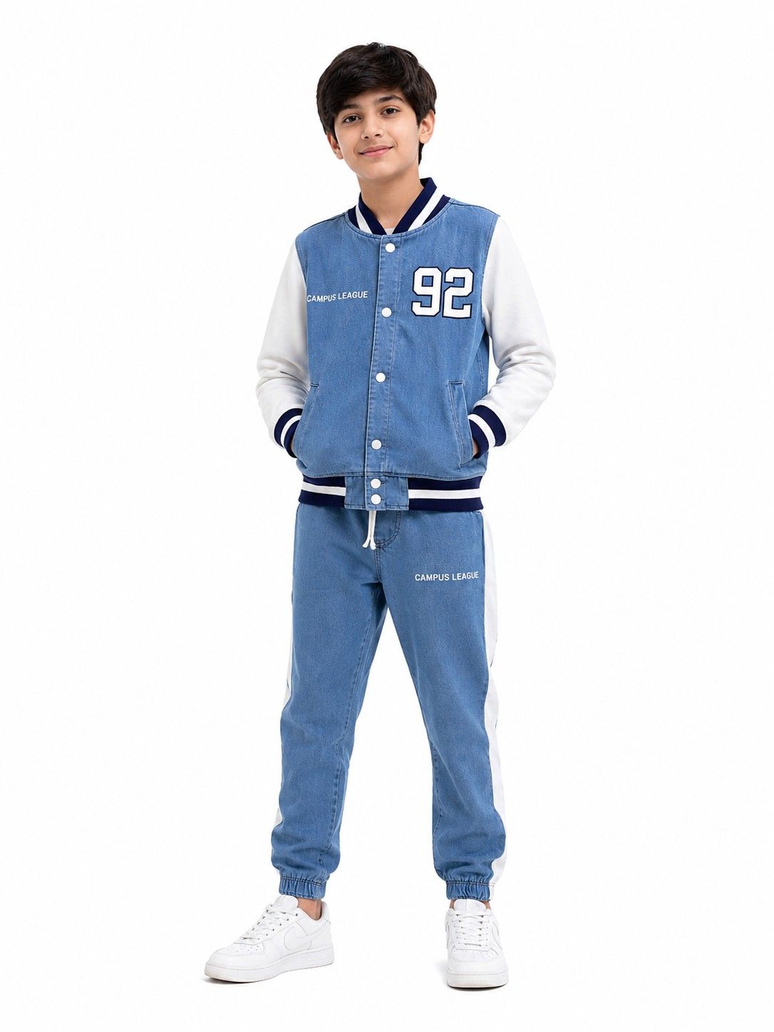 Campus League 92 Sleeves Stained Denim Base Ball Jacket & Trouser - Light Blue