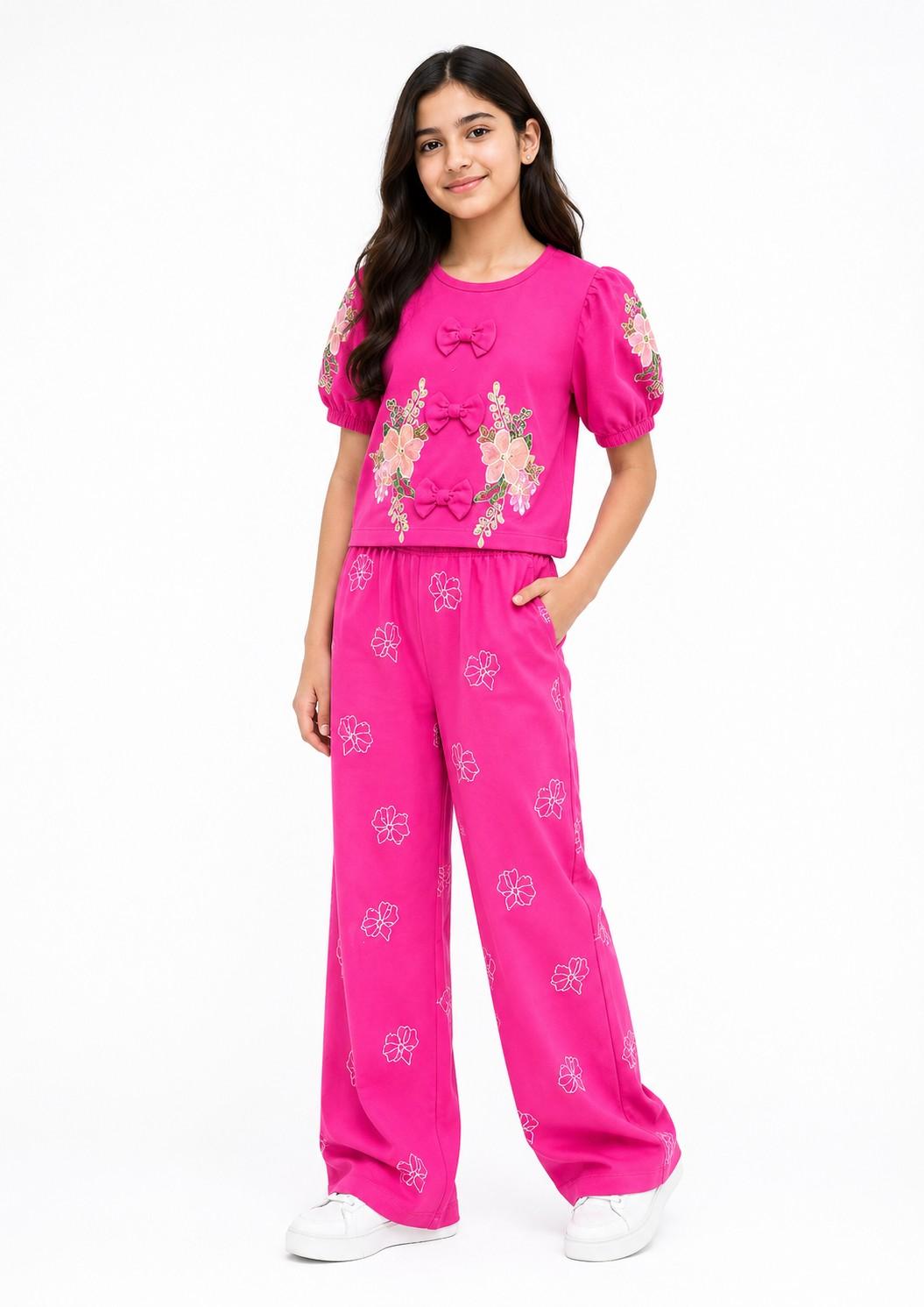 Puff Sleeve Printed With Cute Bow Shirt & Flapper Trouser - Shocking Pink