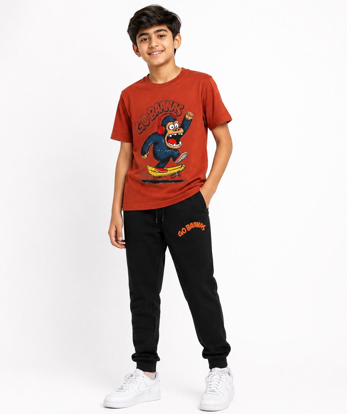 Go Baanas Printed Half Sleeve Tee & Trouser - Rust & Black