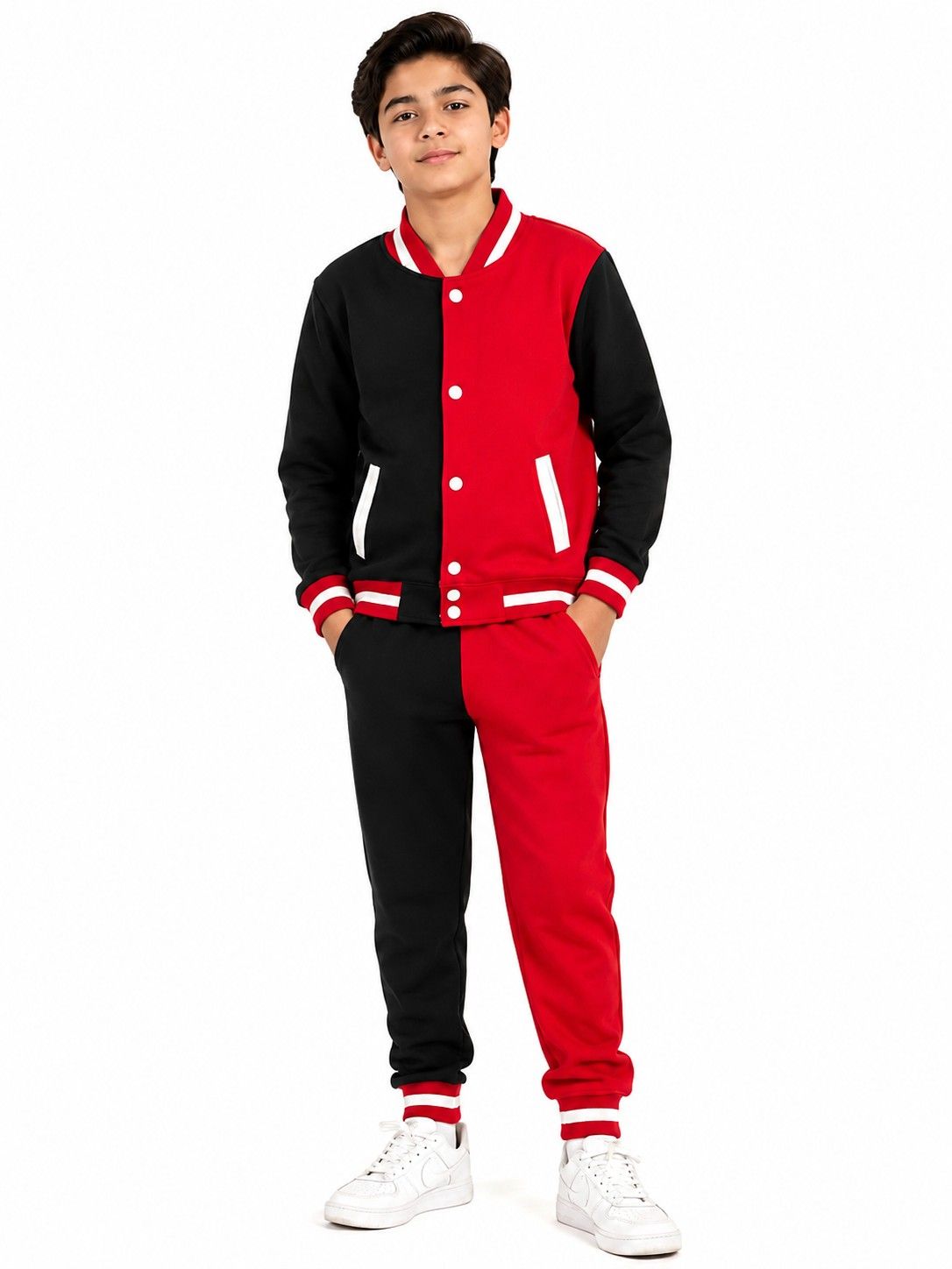 Trenndy Contrast Penal Base Ball Fleece Jacket &amp; Trouser - Red &amp; Black