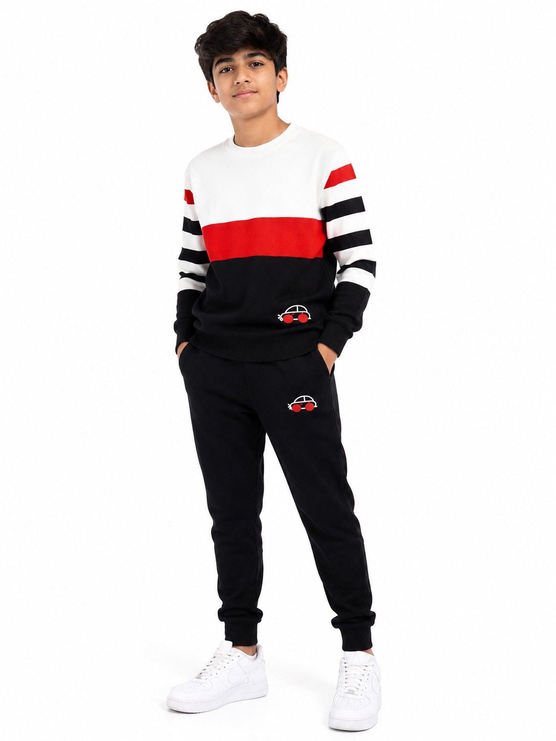 Mini Car Stripper Sleeves Penal Fleece Tracksuit - White Red & Black