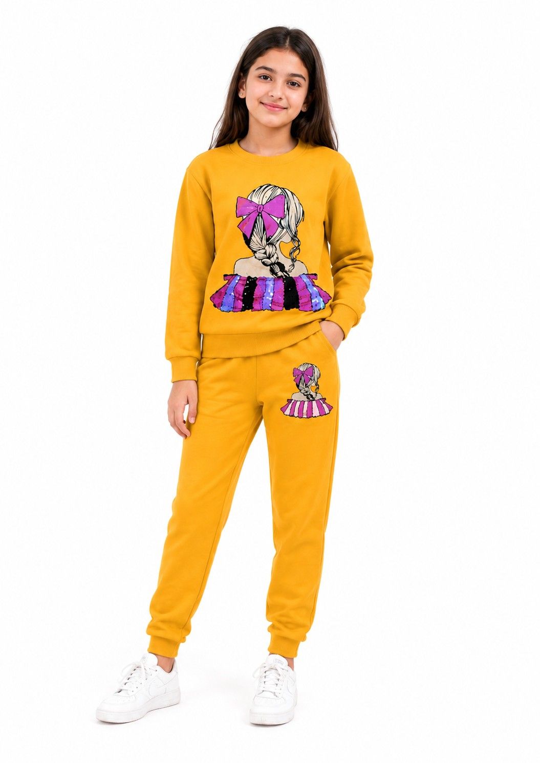 Layers Sequins Frock Doll Fleece Tracksuit -Mustard