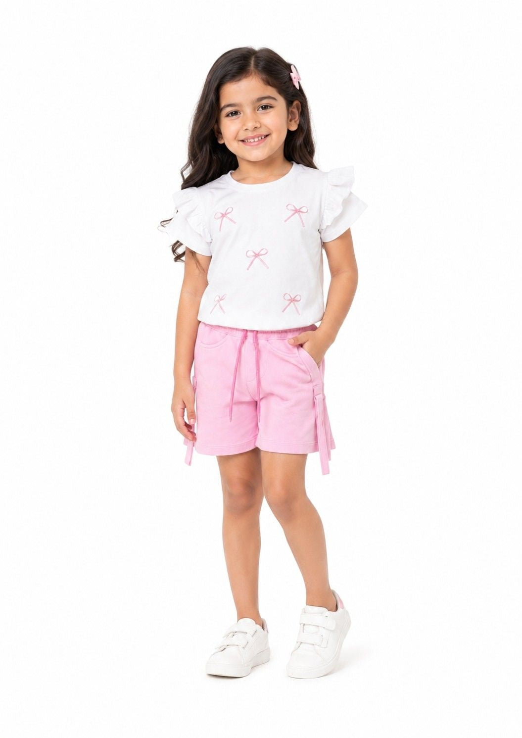 Pink Little Ribbons Bow Frill Sleeves Tee & Cargo Terry Short - White & Pink