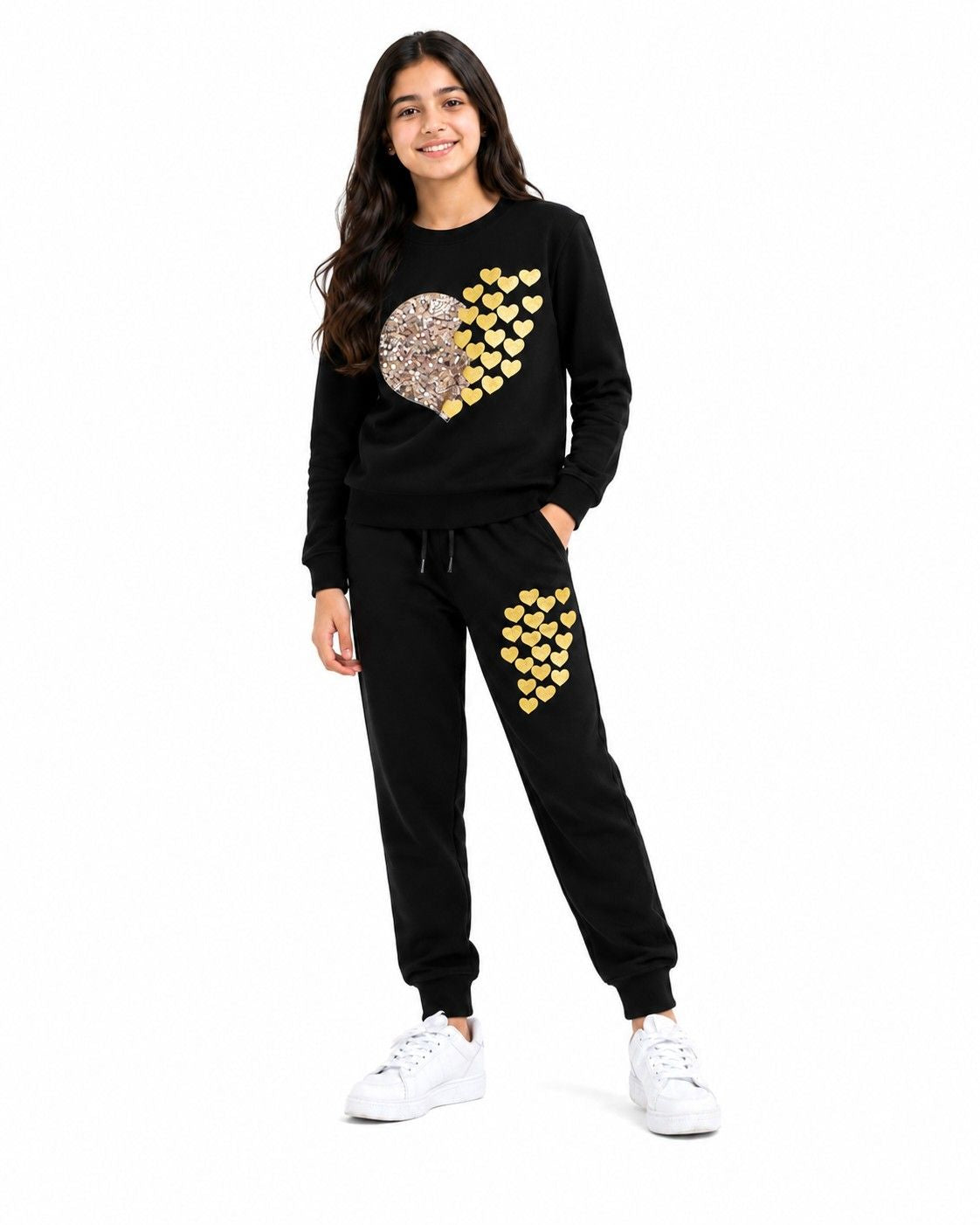 Golden Sequins Flying Hearts Fleece Tracksuit - Black