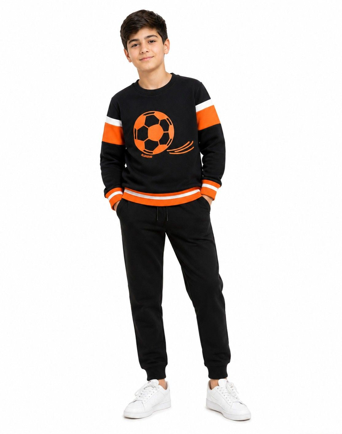 Football Printed Striped Sleeves Fleece Tracksuit - Black & Orange