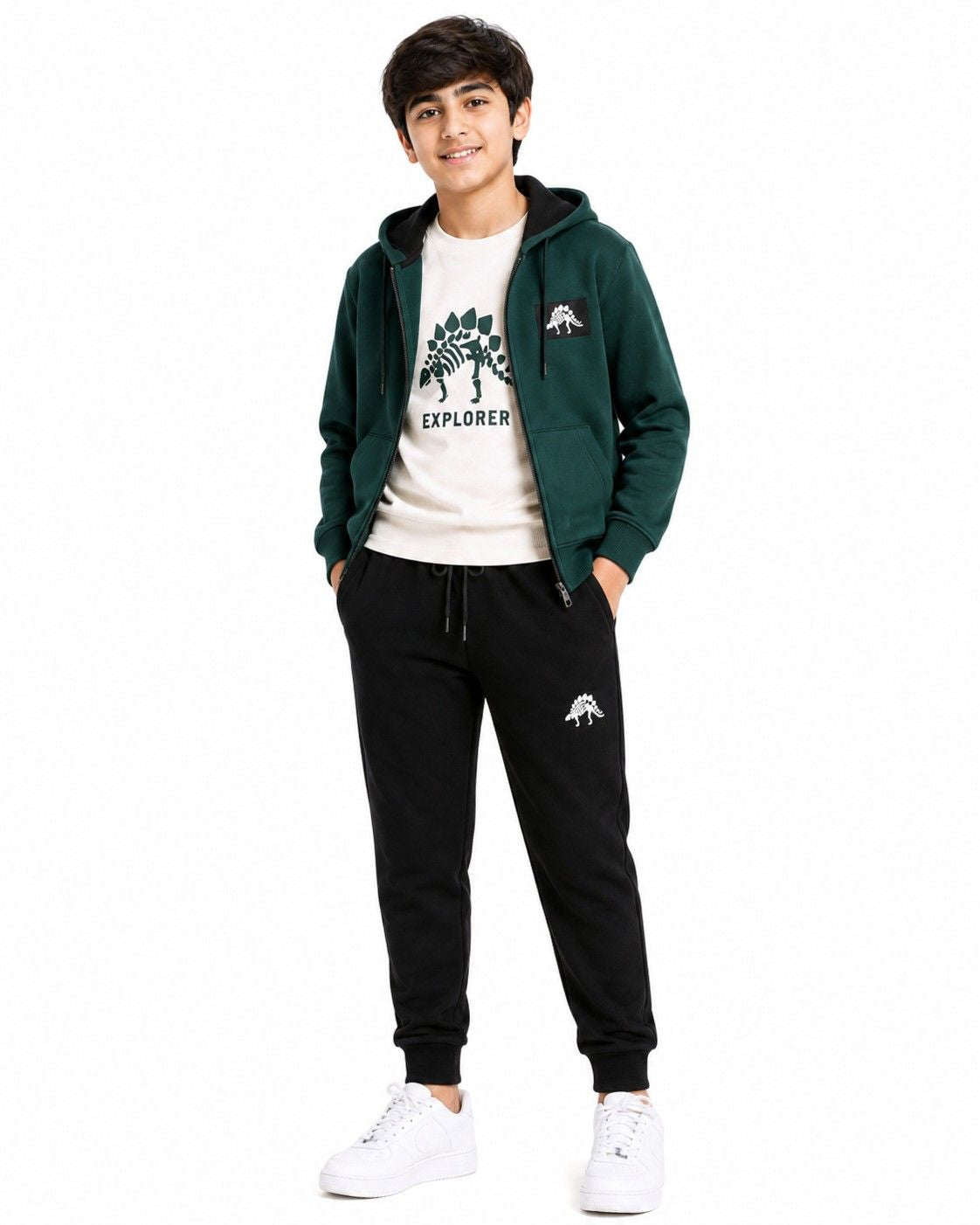 Explore The Dinosaur Printed Inner Shirt Zipper Hood & Trouser - Green & Black