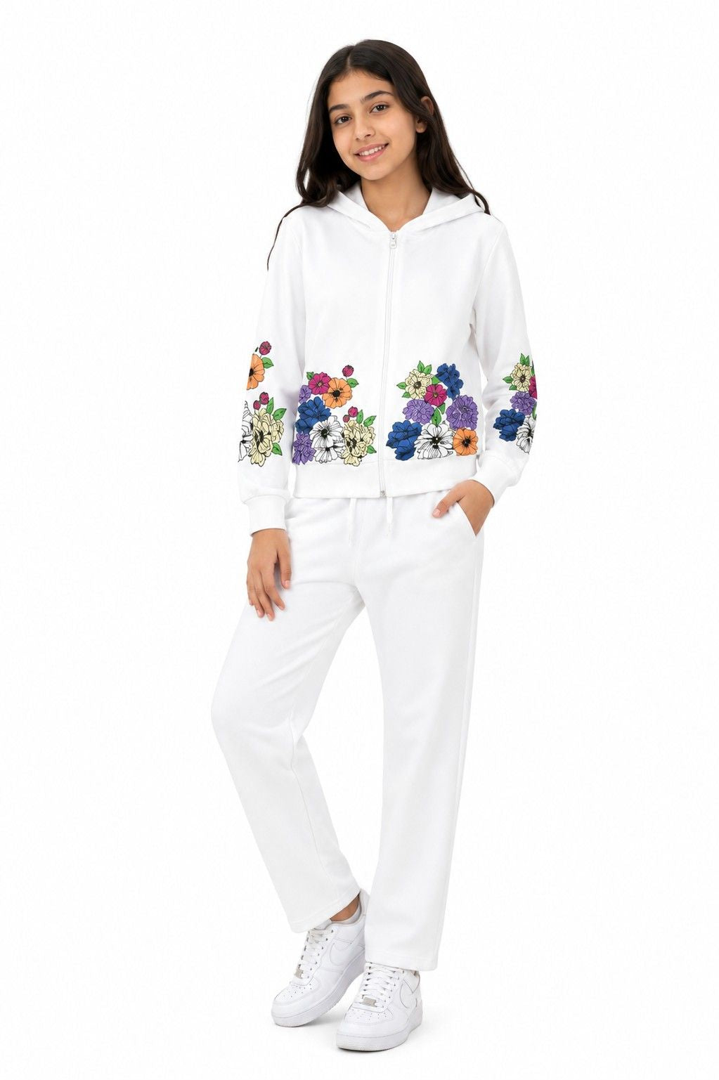 Premium Flowers Sleeve Printed Fleece Tracksuit - White