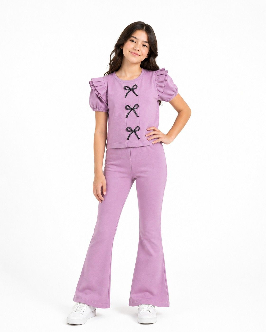 Black Bow With Butterfly Sleeve Short Shirt & Flapper Trouser - Pink