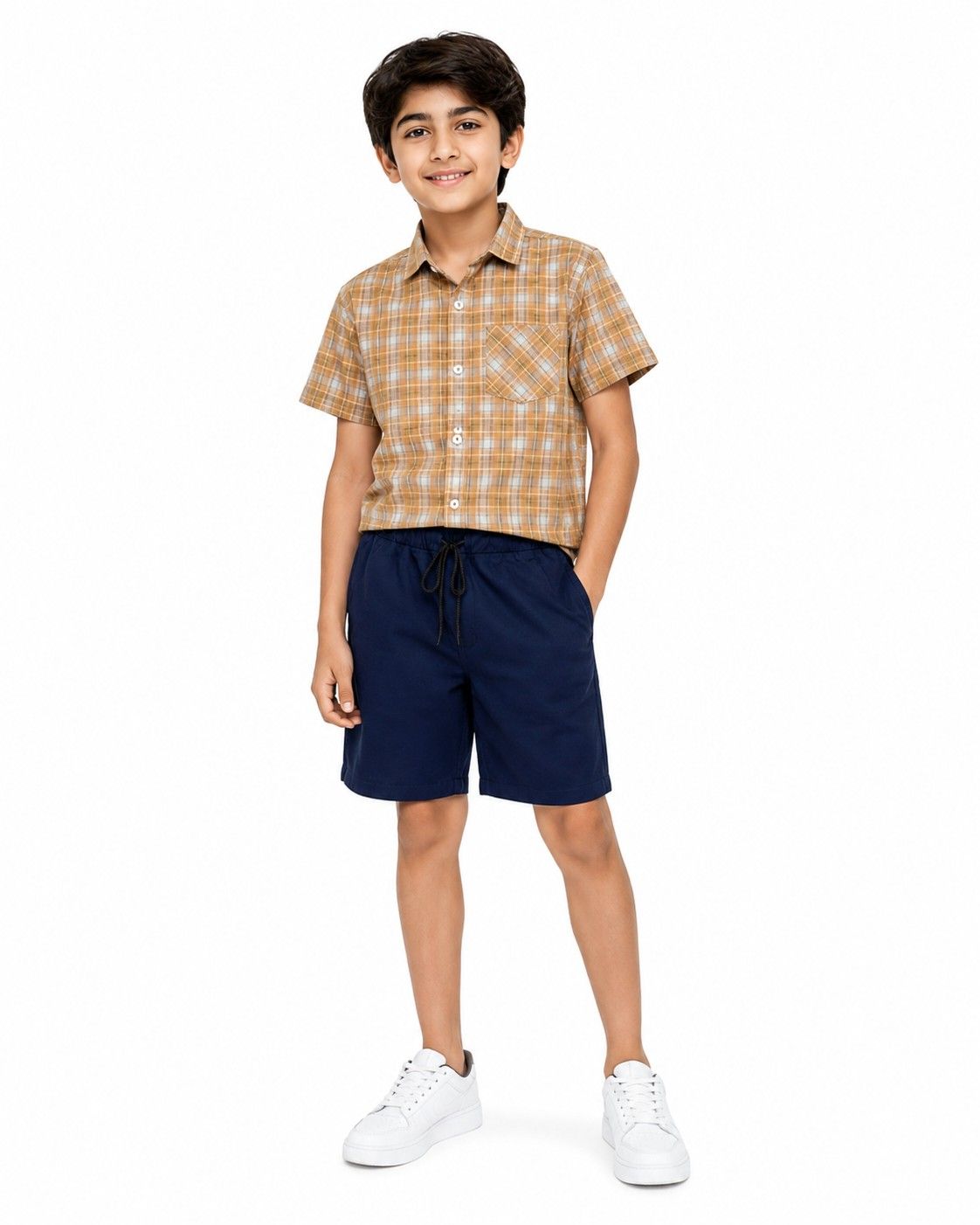 Brown Checked Casual Look Shirt With Twill Cotton Short - Brown & Navy Blue