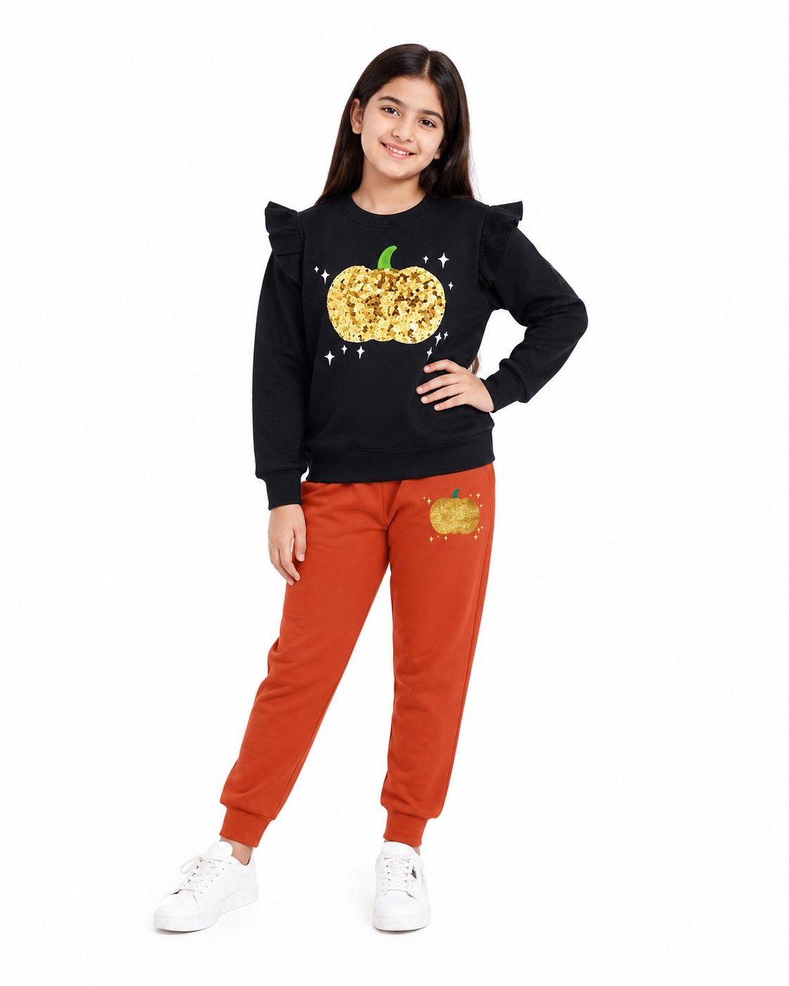 Golden Sequins Pumpkin Fleece Tracksuit - Black &  Rust