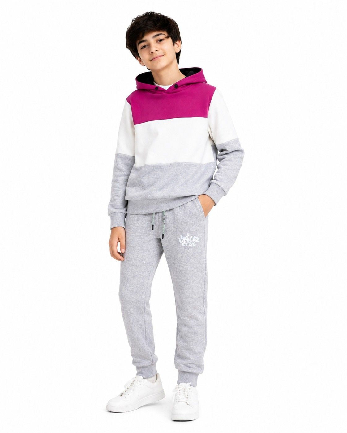Warm with Littlez Club Pennal Hoodie Tracksuit -Shocking Pink Whute Grey
