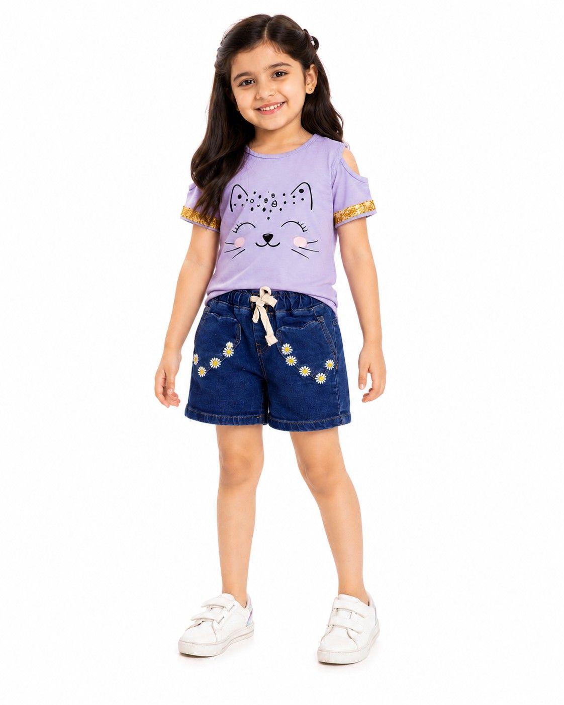 Cute Glliter Kitty Tee Shirt with Heart Pocket Shape Sunflowers Denim Shorts
