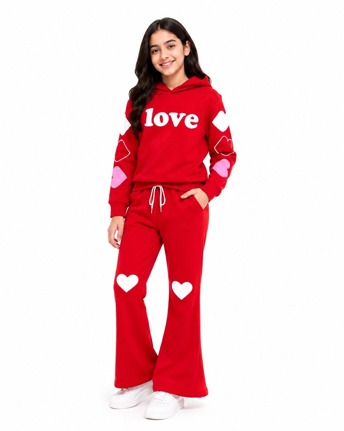 Love Three Hearts Hoodie Fleece Tracksuit - Red