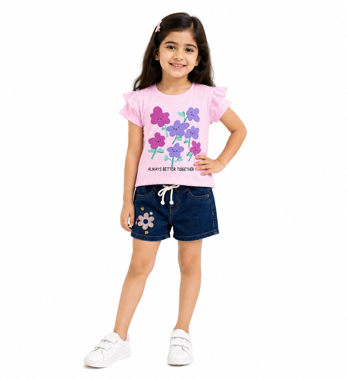 Purple Flowers Always Better Frill Tee Shirt with Stars Sunflower Denim Shorts