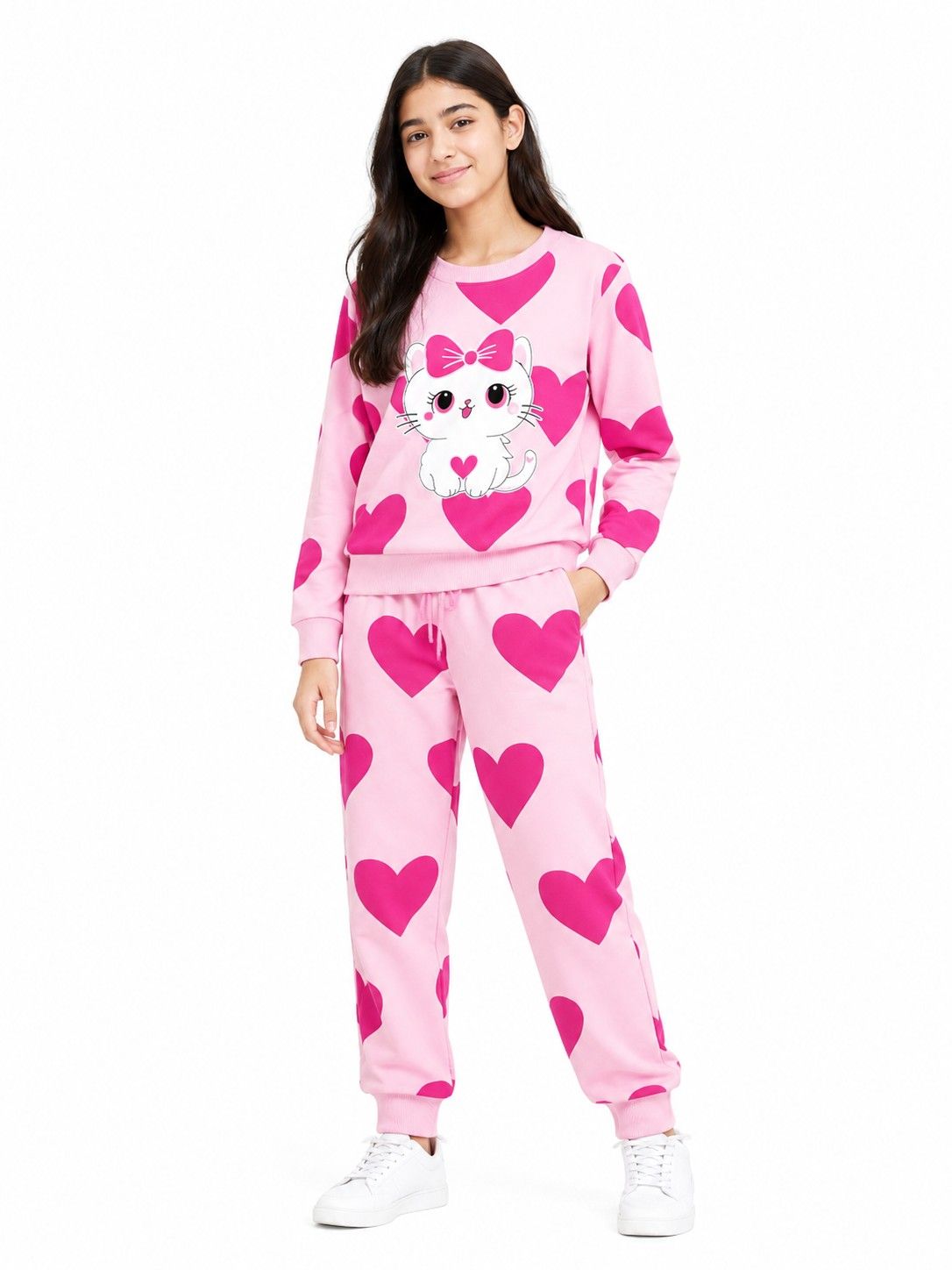 Cute Kitty With All Over Hearts Printed Fleece Tracksuit - Baby Pink
