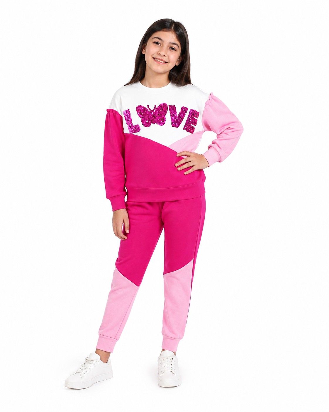 Love Sequin Butterfly Penal Fleece Tracksuit - White &amp; Pink