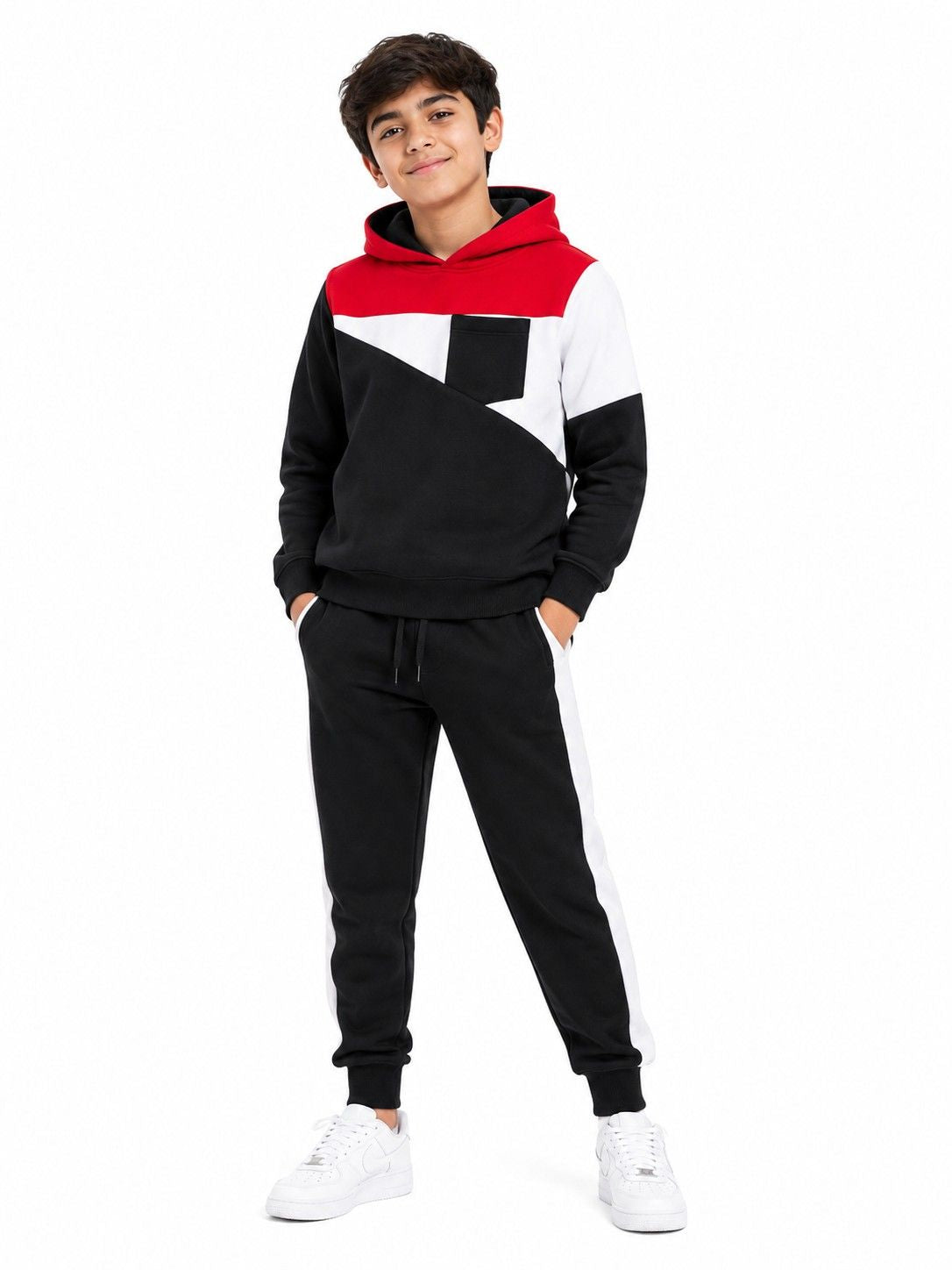 White Stylish Penal Front Pocket Hoodie Fleece Tracksuit - Black & Red