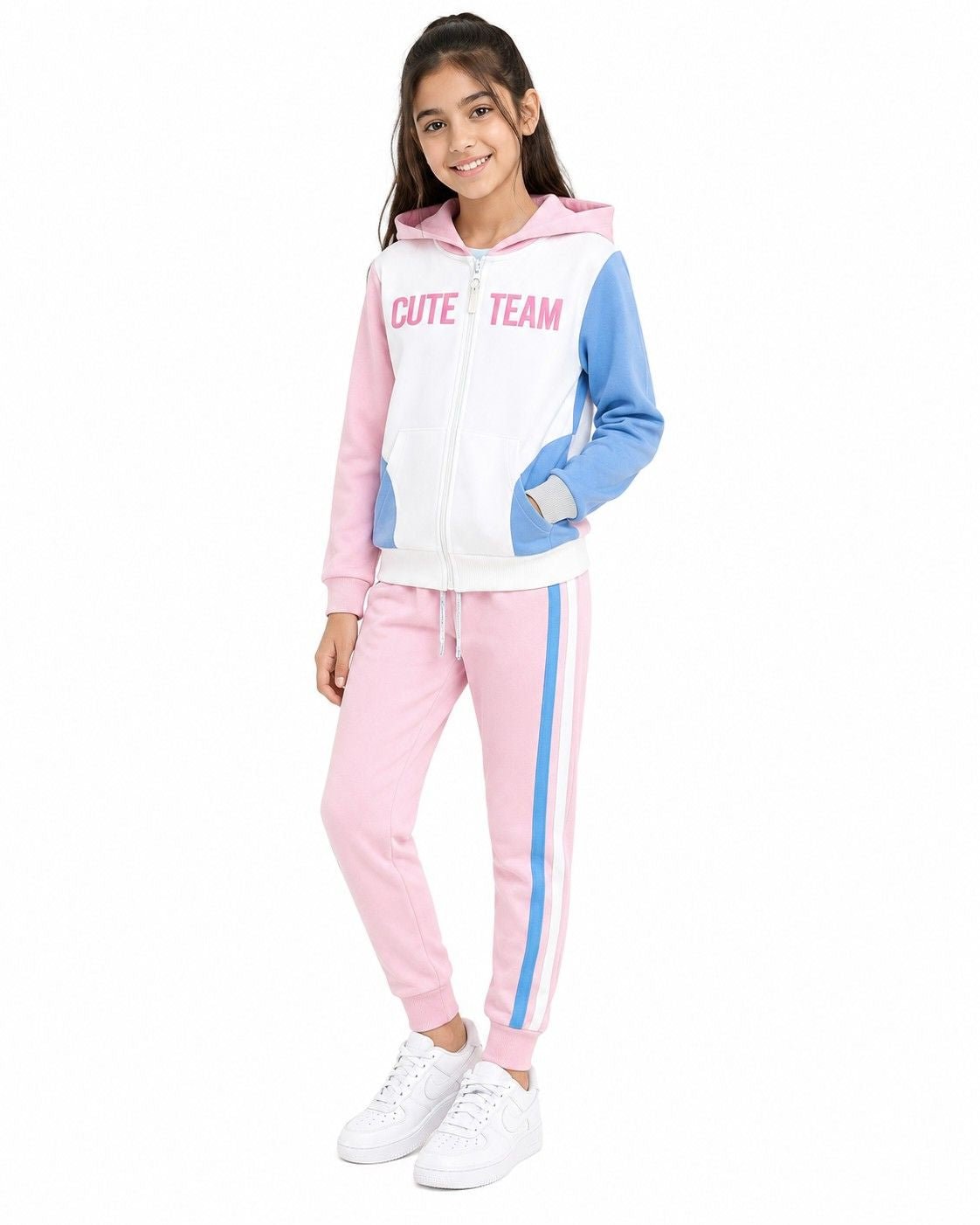 Cute Team Pennal Fleece Hoodie Tracksuit - Baby Pink