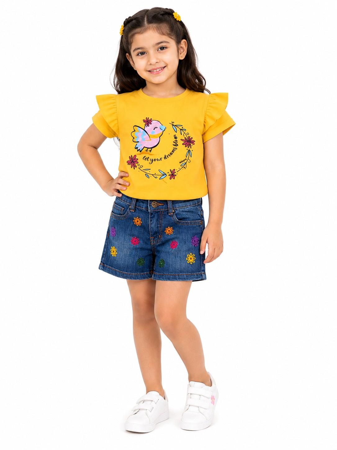 Lets Your Dream Bloom Frill Tee Shirt with Multi Colour Flowers Denim Short