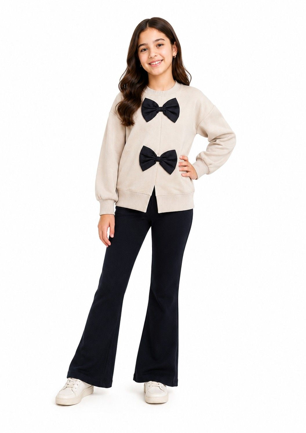 Black Bow Baggy Sleevs Fleece Sweatshirt & Rib Bell Bottom Trouser - Skin & Black