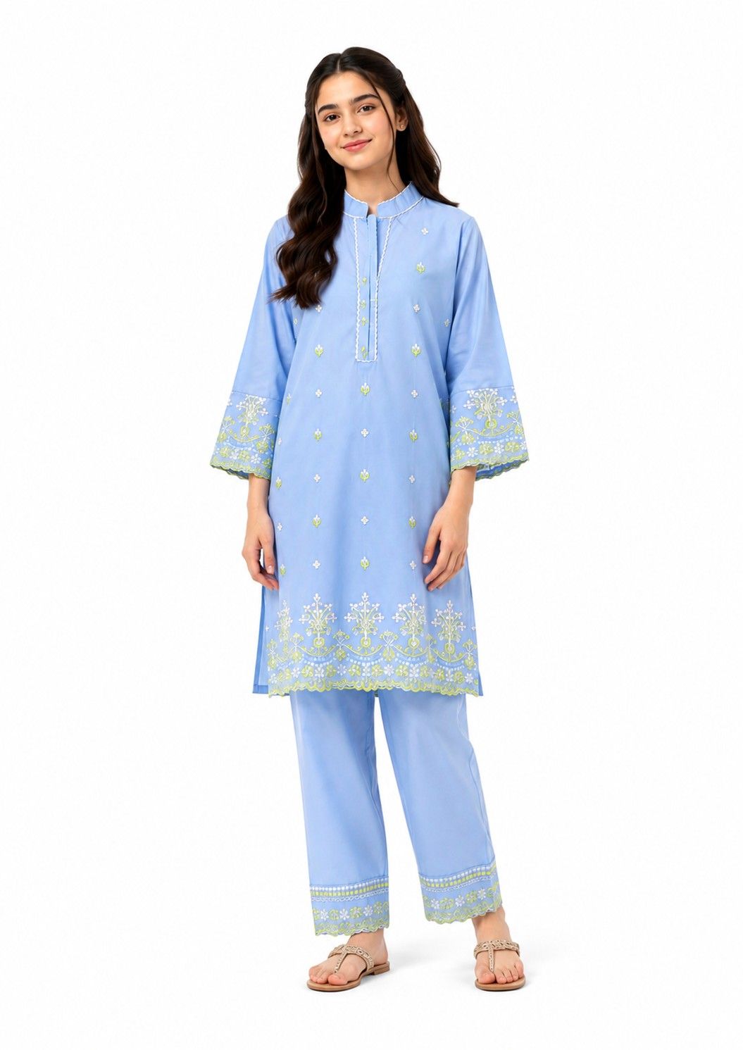 Classic Embroidery Yellow & White Flowers Cotton Kurta & Trouser - Sky Blue