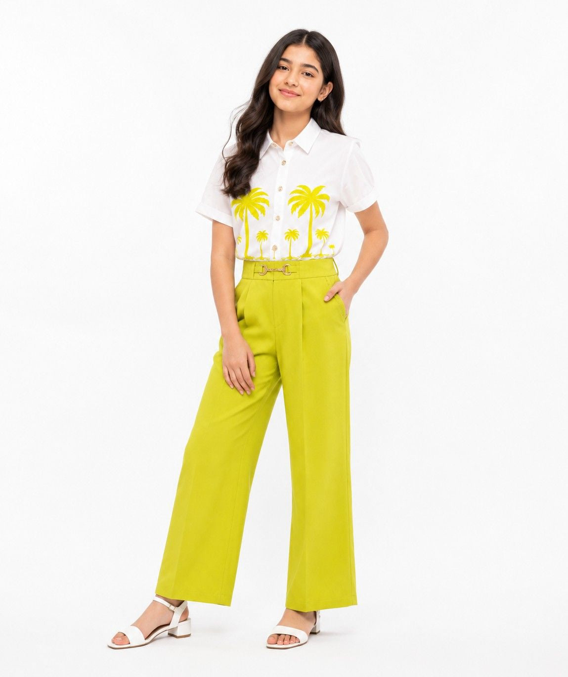 Premium Look Casual Cotton Shirt With Wide Leg Pant - White & Green