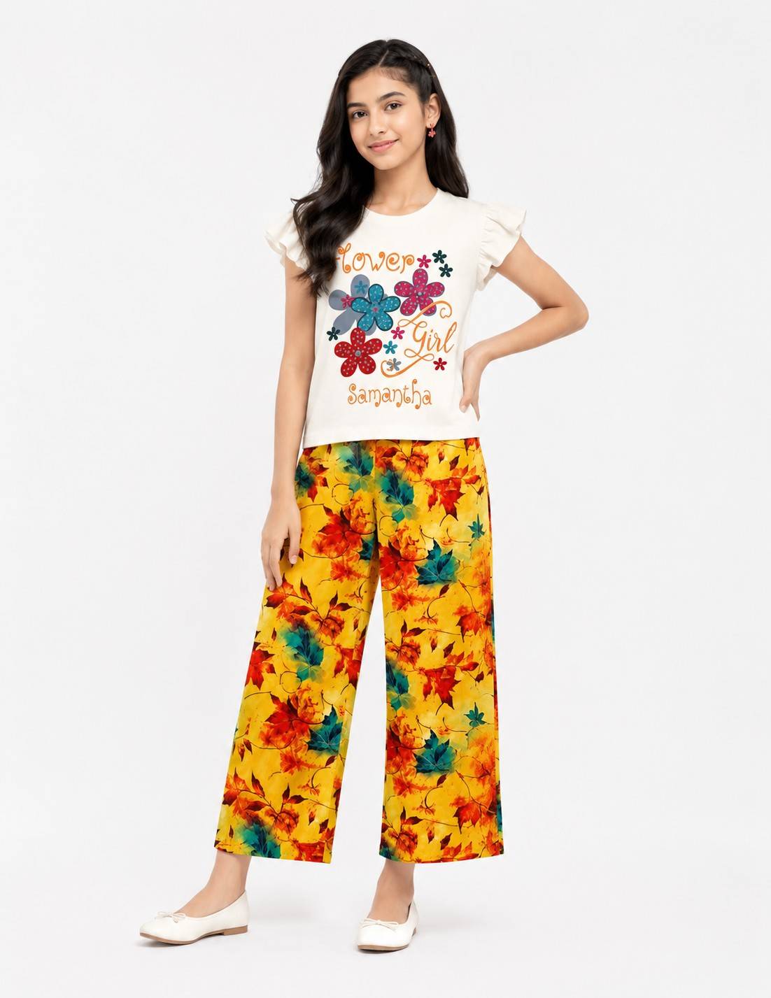 Girl Flower Frill Shirt Half Sleeve Flower Printed Flapper Trouser - White & Mustered