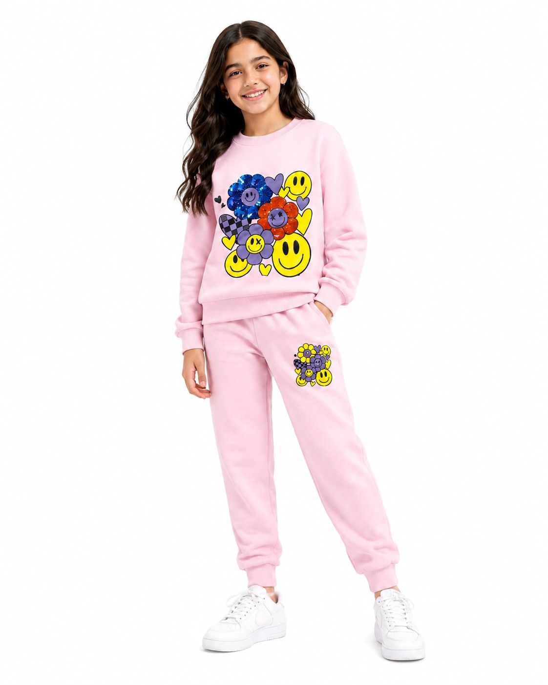 Smiley Sequins Sunflowers Fleece Tracksuit -Baby Pink