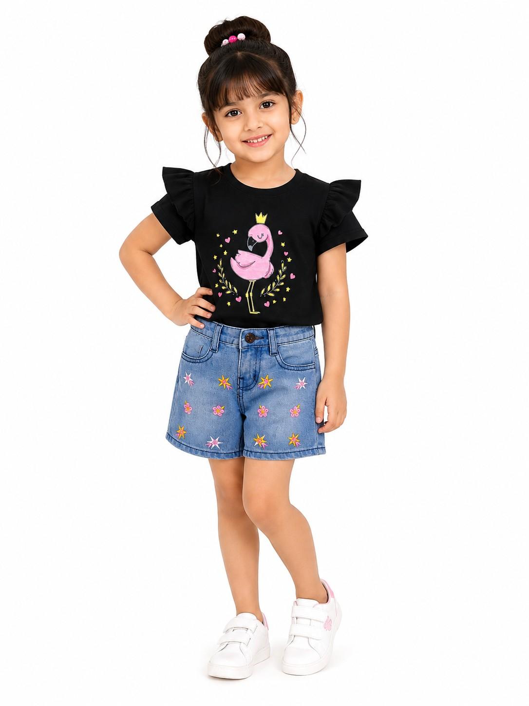 Pink Flamingo Mini Heart & Star T Shirt with Star & Jasmine  Flowers Denim Short