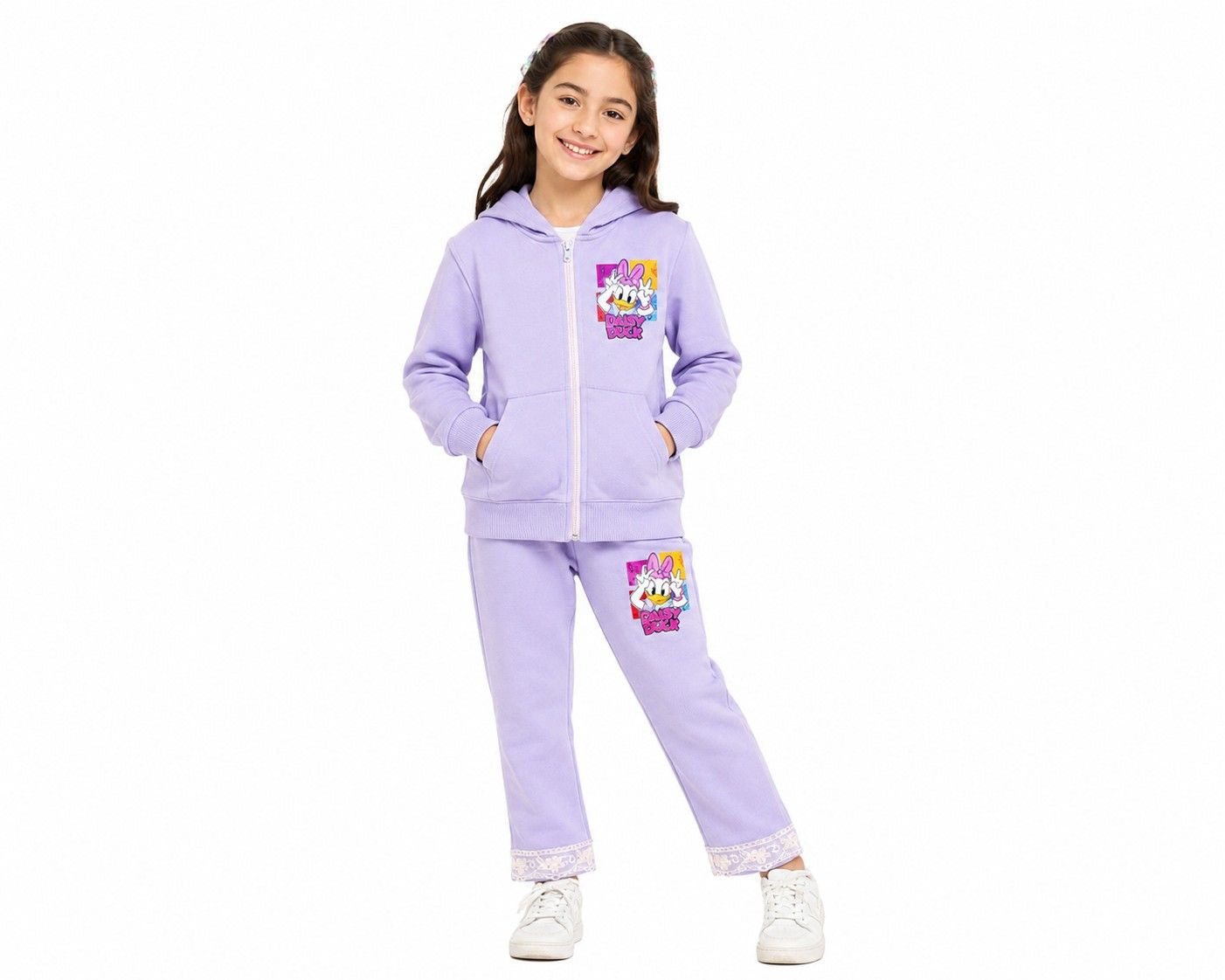 Cute Duck Fleece Hoodie Tracksuit - Soft Purple