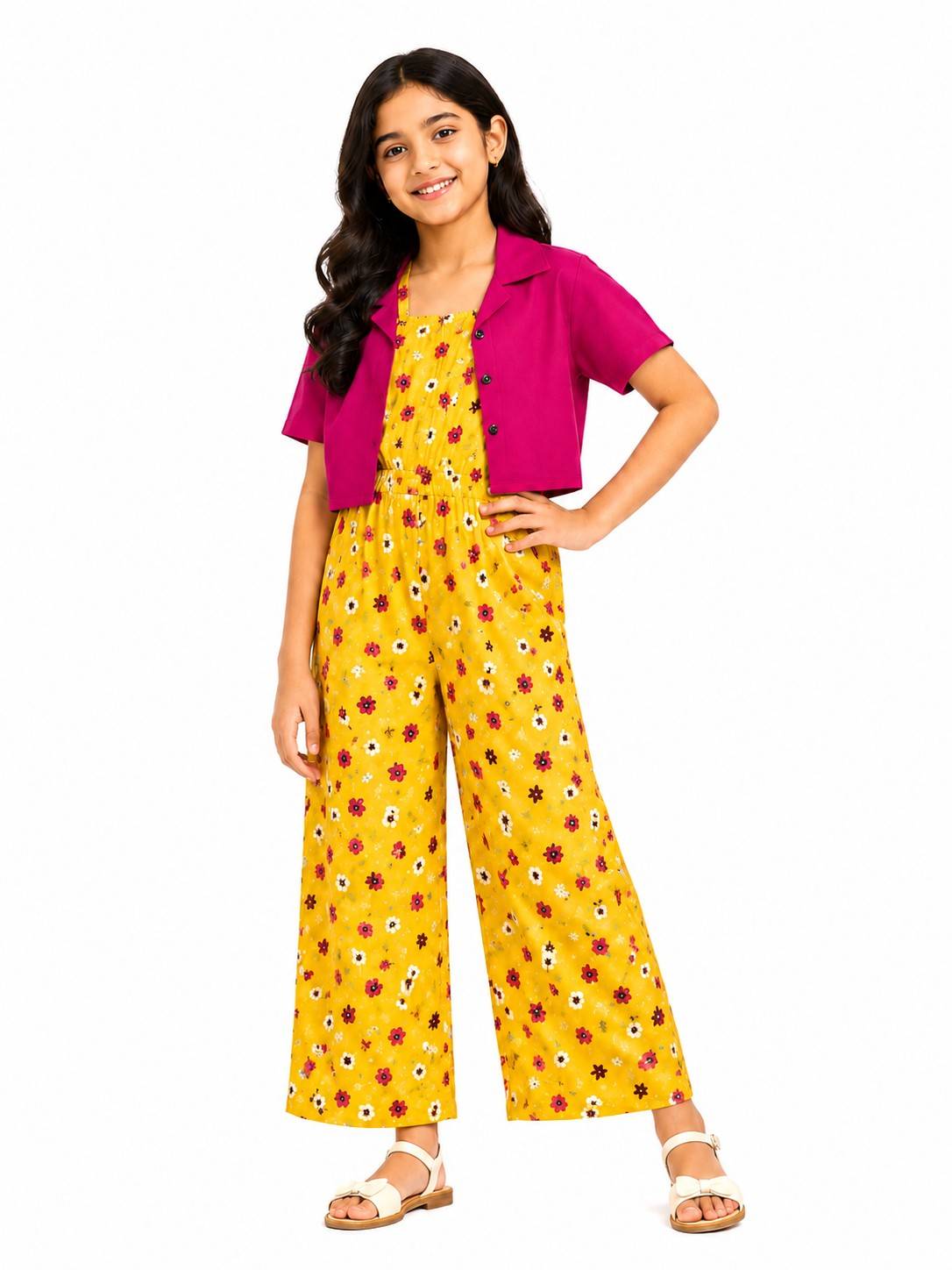 White Flowers Jumpsuit with Short Shirt - Yellow & Shocking Pink