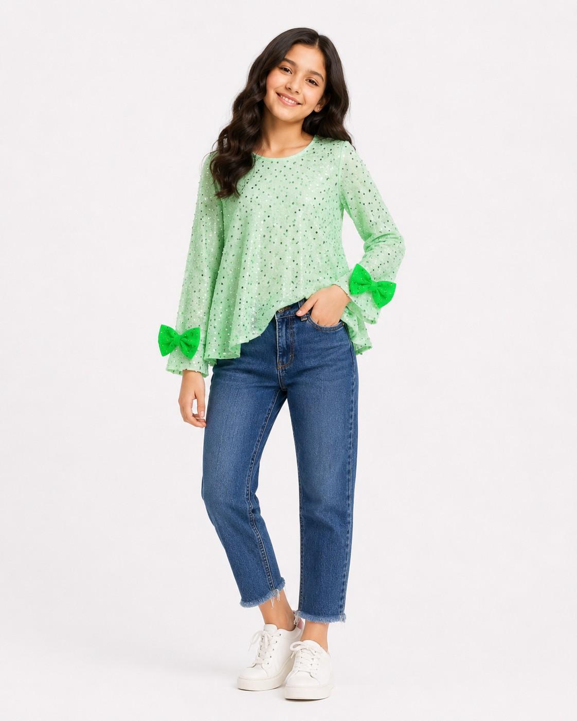 Bow with fully sequence work full sleeves top with blue jeans