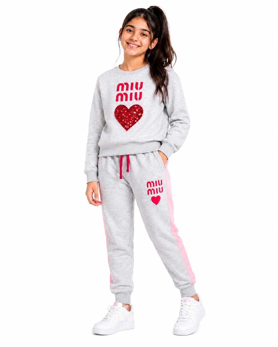 MIU Swquin Red Heart Fleece Tracksuit - Grey