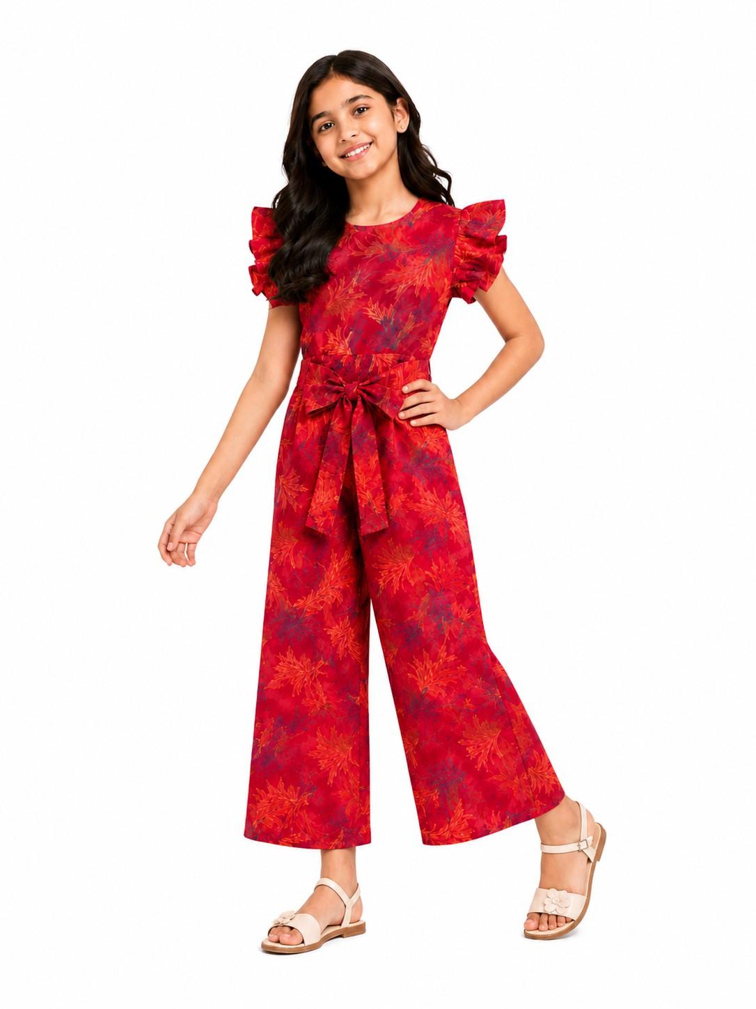 Tween fashionista Printed Puff Sleeve Cotton Lawn Jumpsuit - Red