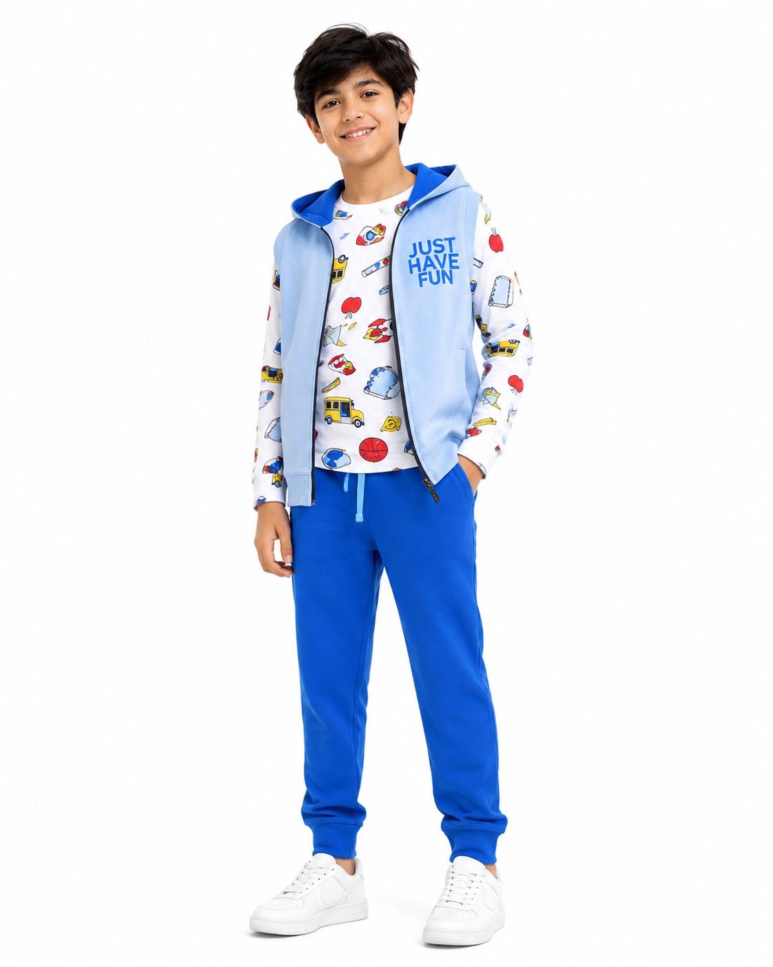 Just Have Fun 3pcs Fleece Tracksuit - Sky White &amp; Blue