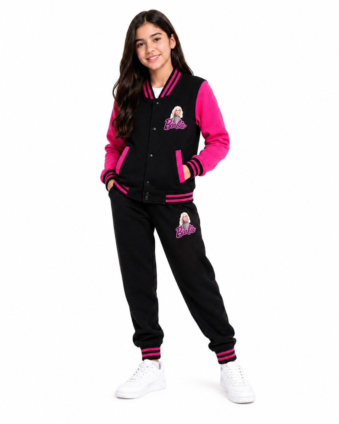 Cute Barbie Fleece Baseball Tracksuit - Pink &amp; Black