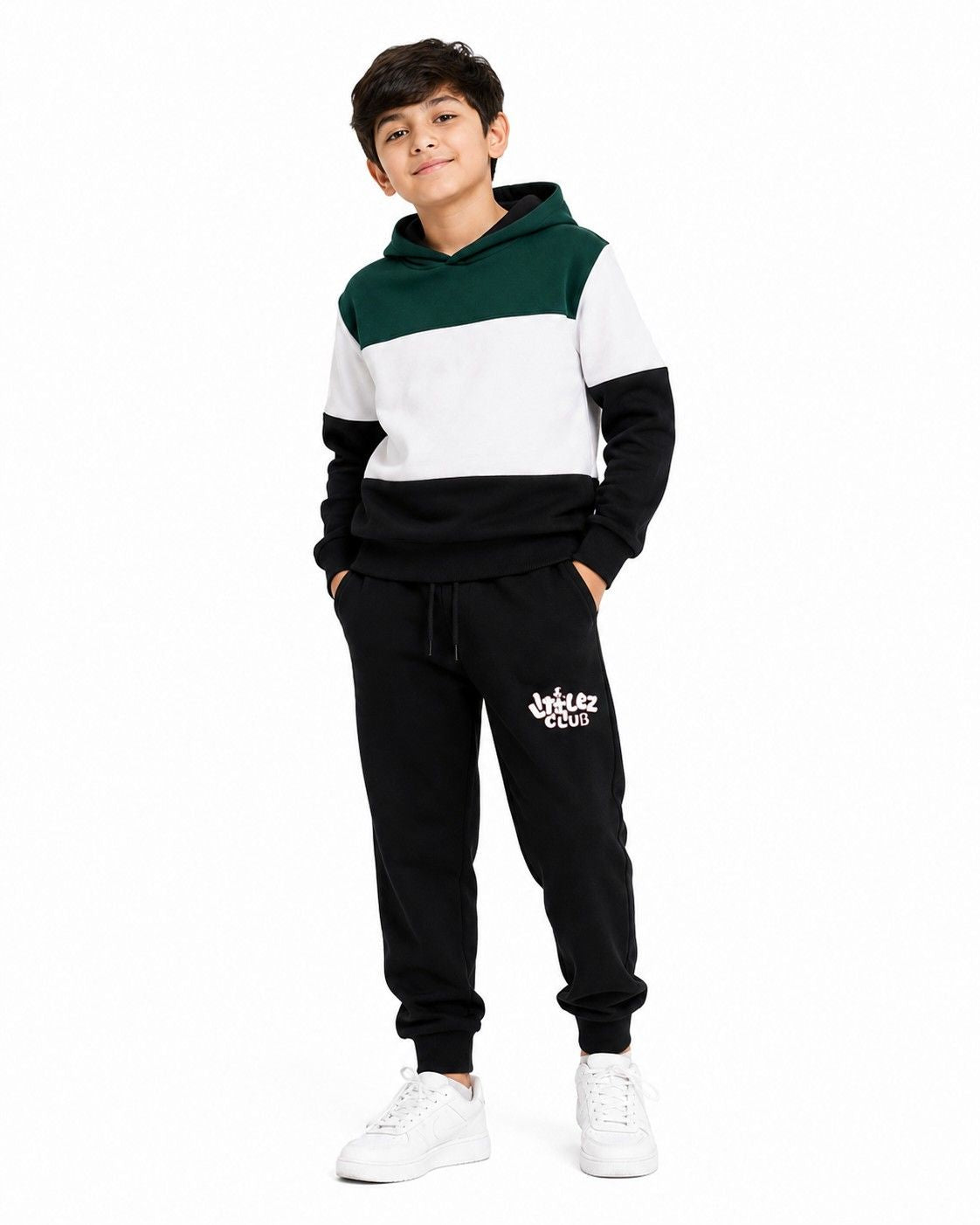Warm with Littlez Club Pennal Hoodie Tracksuit -Green White Black