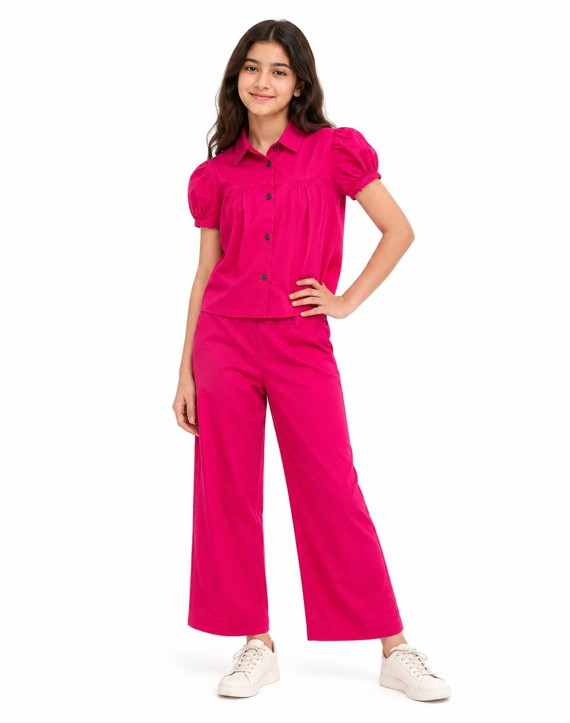 Pink Blossom Puff Sleeve Cotton Top & Trouser - Shocking Pink