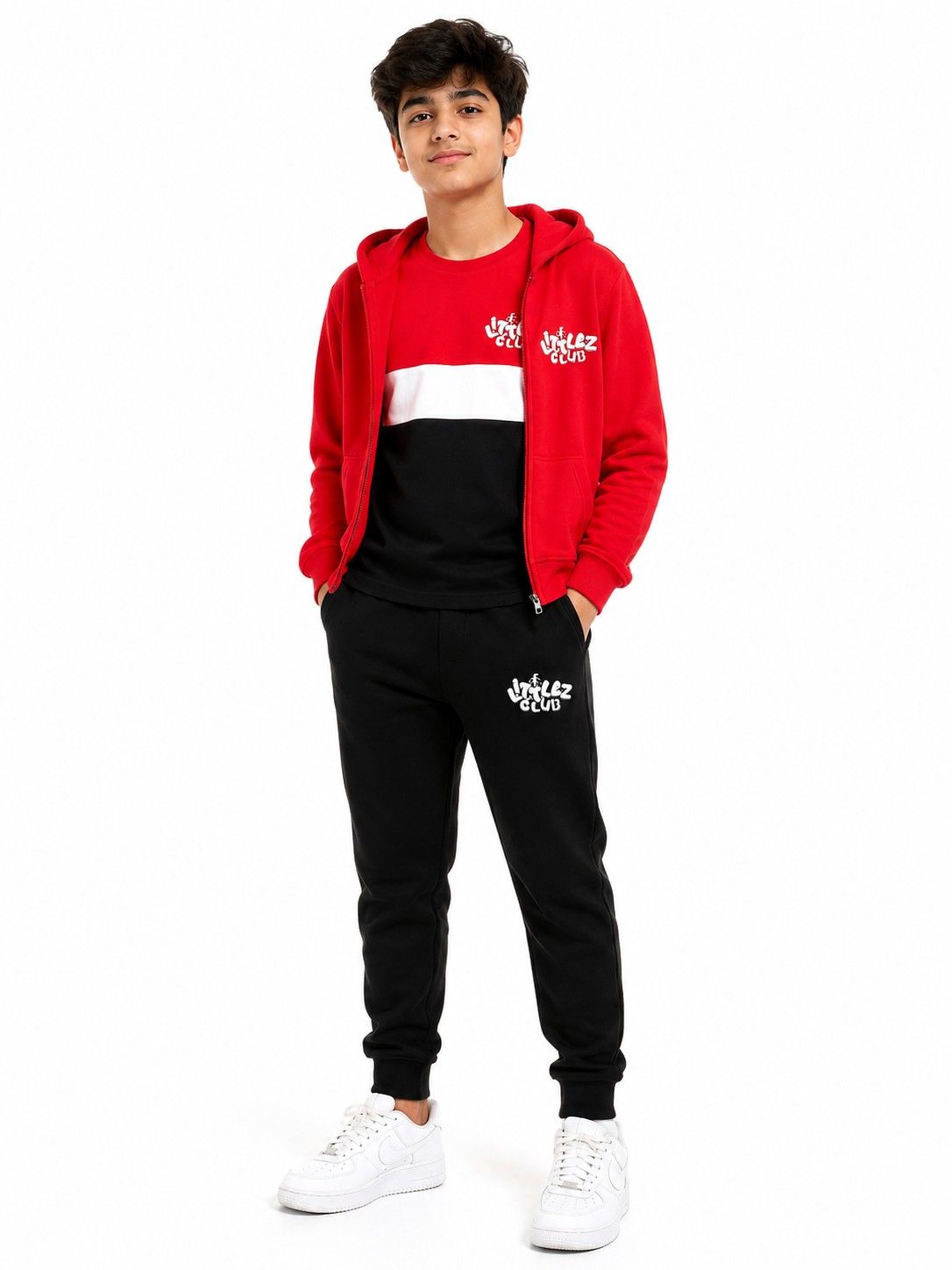 Littlez Club Premium 3 Pcs Hoodie Tracksuit - Red &amp; Black
